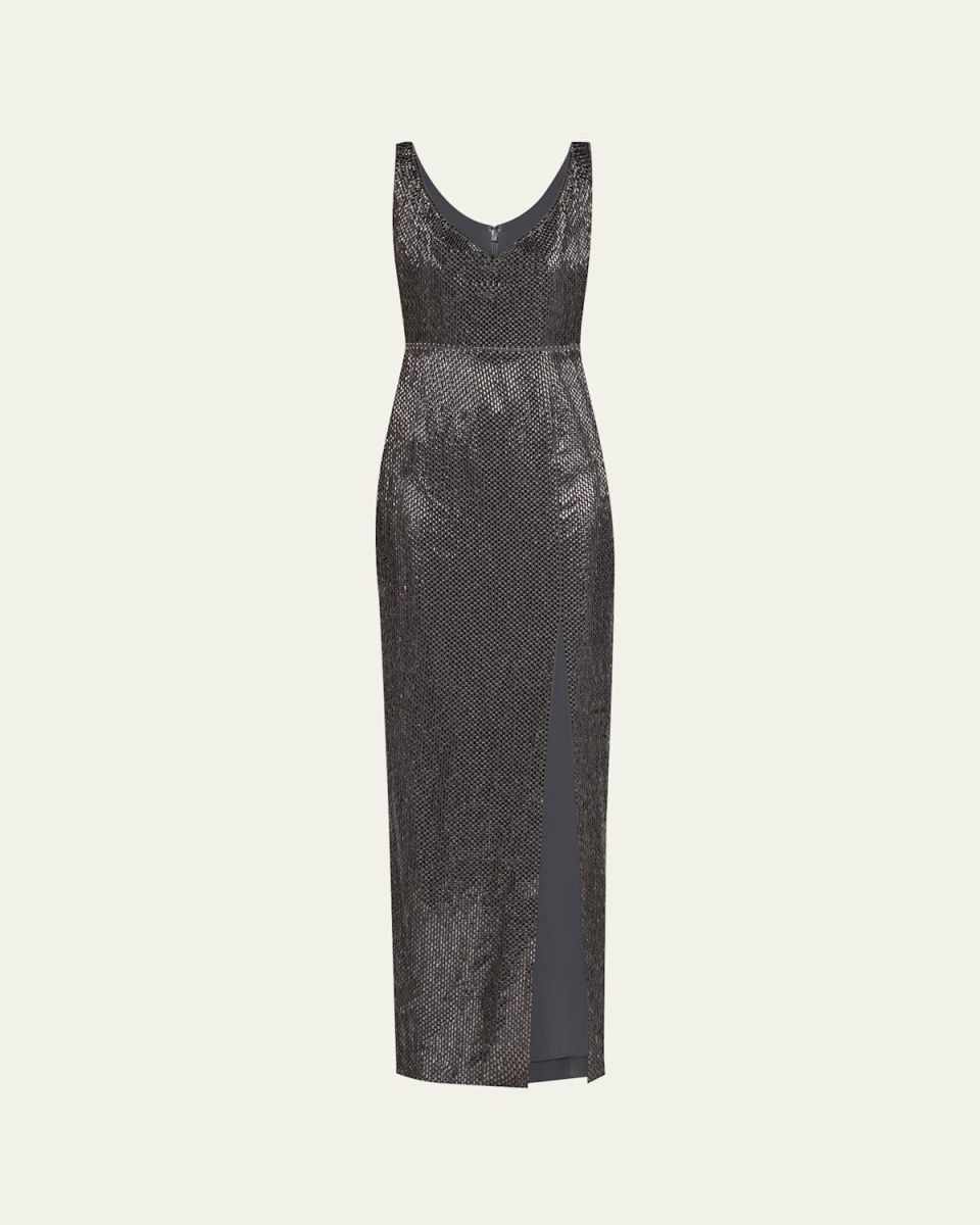 V-Neck Diamante Crepe Sleeveless Gown